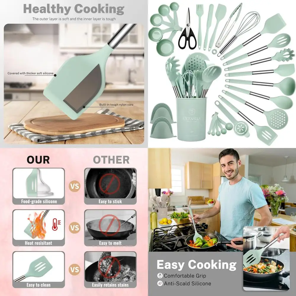 

Light Green 28-Piece Silicone Kitchen Utensil Set with Holder, Heat Resistant to 446°F, Stainless Steel Handled Spatulas, Tongs,