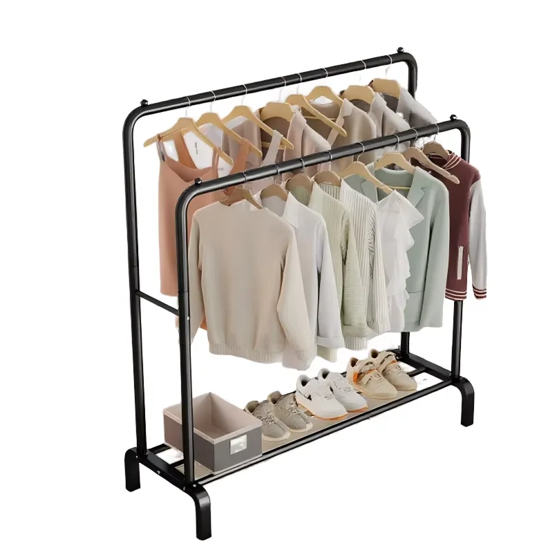 Custom Heavy Metal Cloth Rack Floor Clothing Rack Double Layer Retail Clothing Display Rack Living Room Shoes
