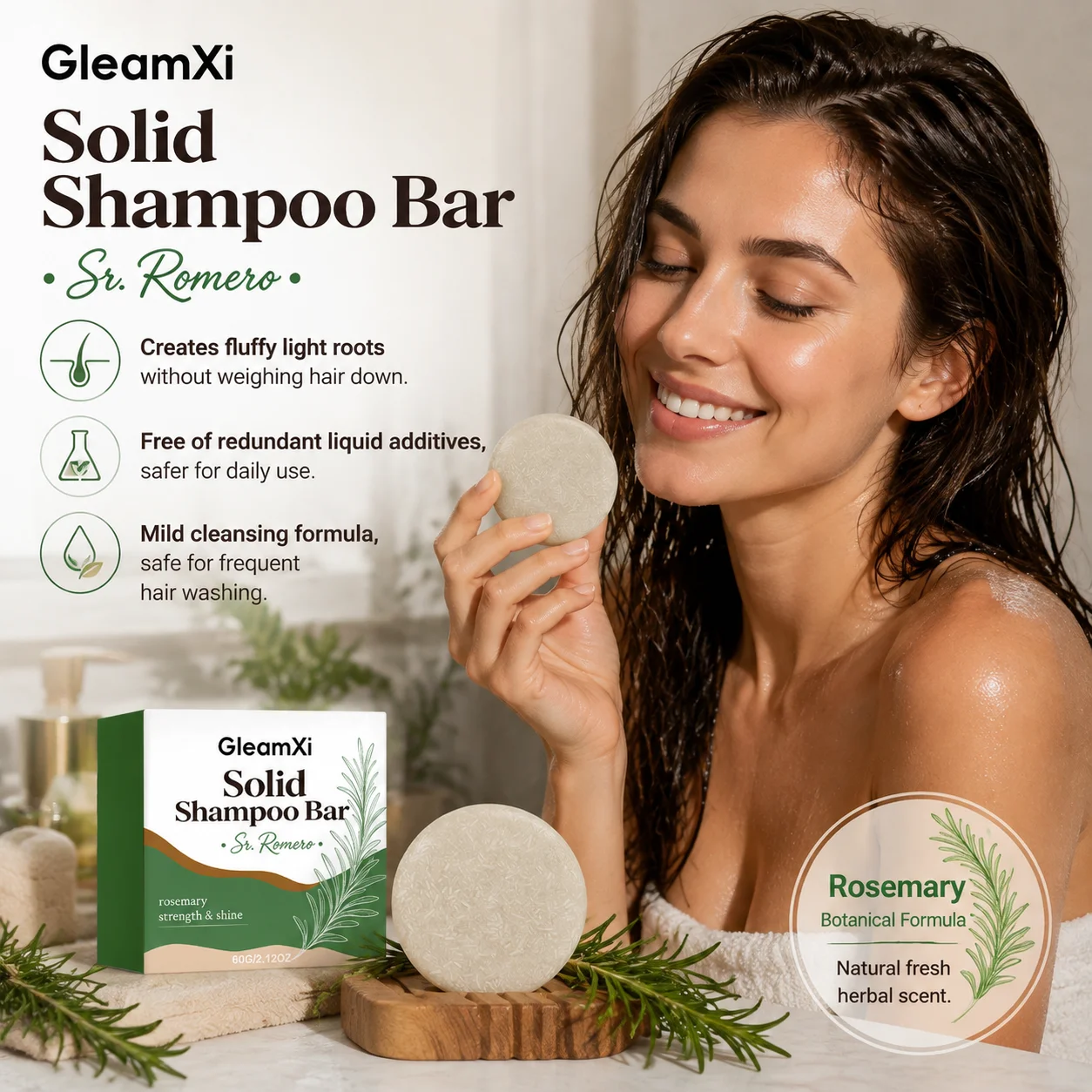 Gleamxi Rosemary Shampoo Bar Volumizing & Strengthening Deep Cleansing Moisturizing Scalp Support Hair Growth Solid Shampoo Bar