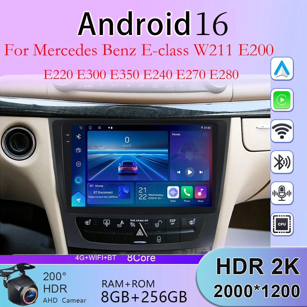 

4G для Mercedes Benz E-class W211 E200 E220 E300 E350 E240 E270 E280 Android 16 Carplay Мультимедийный плеер Стерео Навигация 2DIN