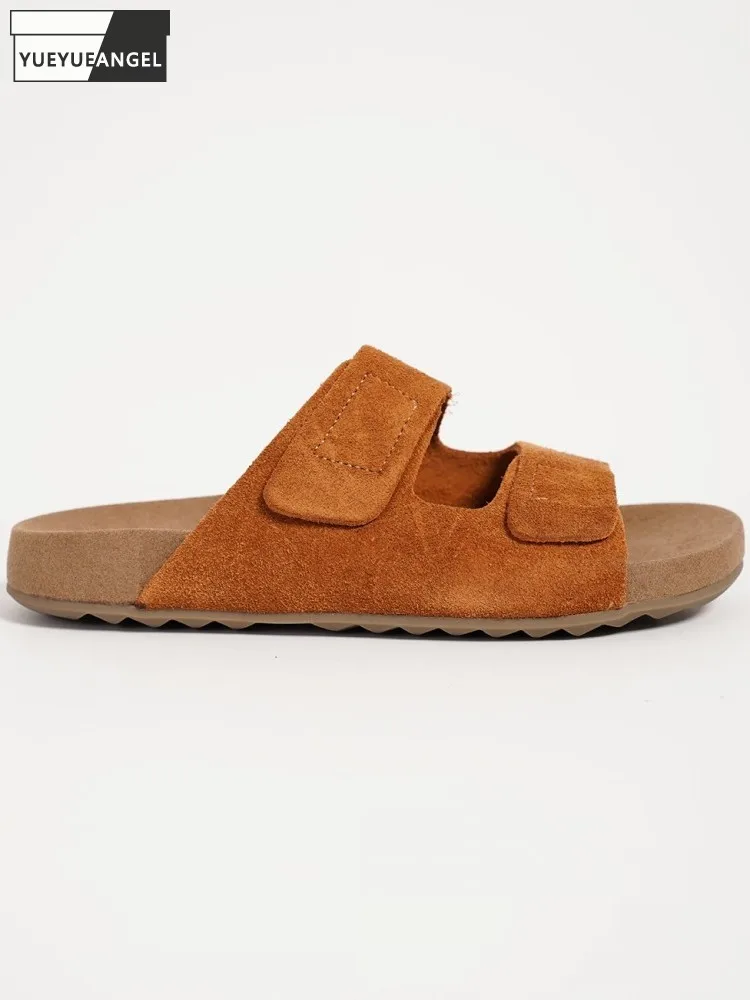 

Retro Cowhide Hollow Out Youth Women Leisure Slides Versatile Solid Color Genuine Leather Open Toe Hook Loop Low Heel Slippers