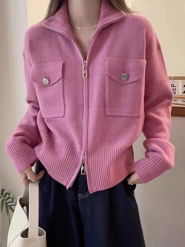Elegant Long Sleeve Knitwear with Double Zipper Pocket Design Fashionable Turn-down Collar Autumn Winter Chic Women's Top