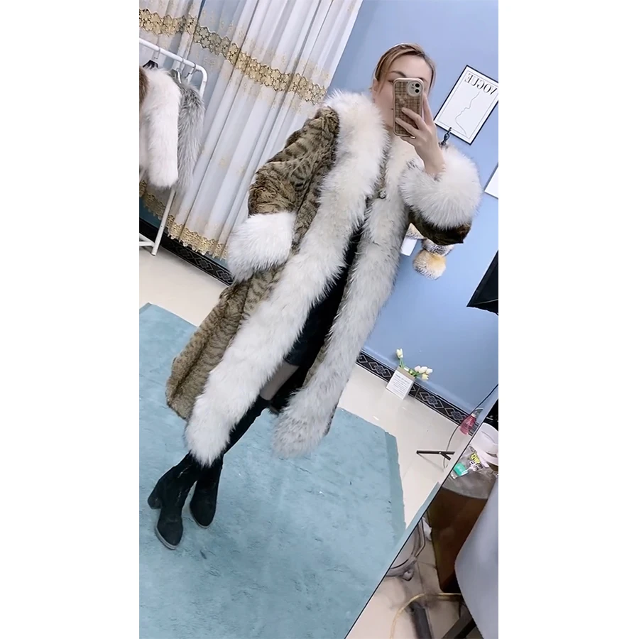 

Women's Real Rex Rabbit Fur Coat with Raccoon Fur Collar Cuffs Warm Winter Long Fur Jacket