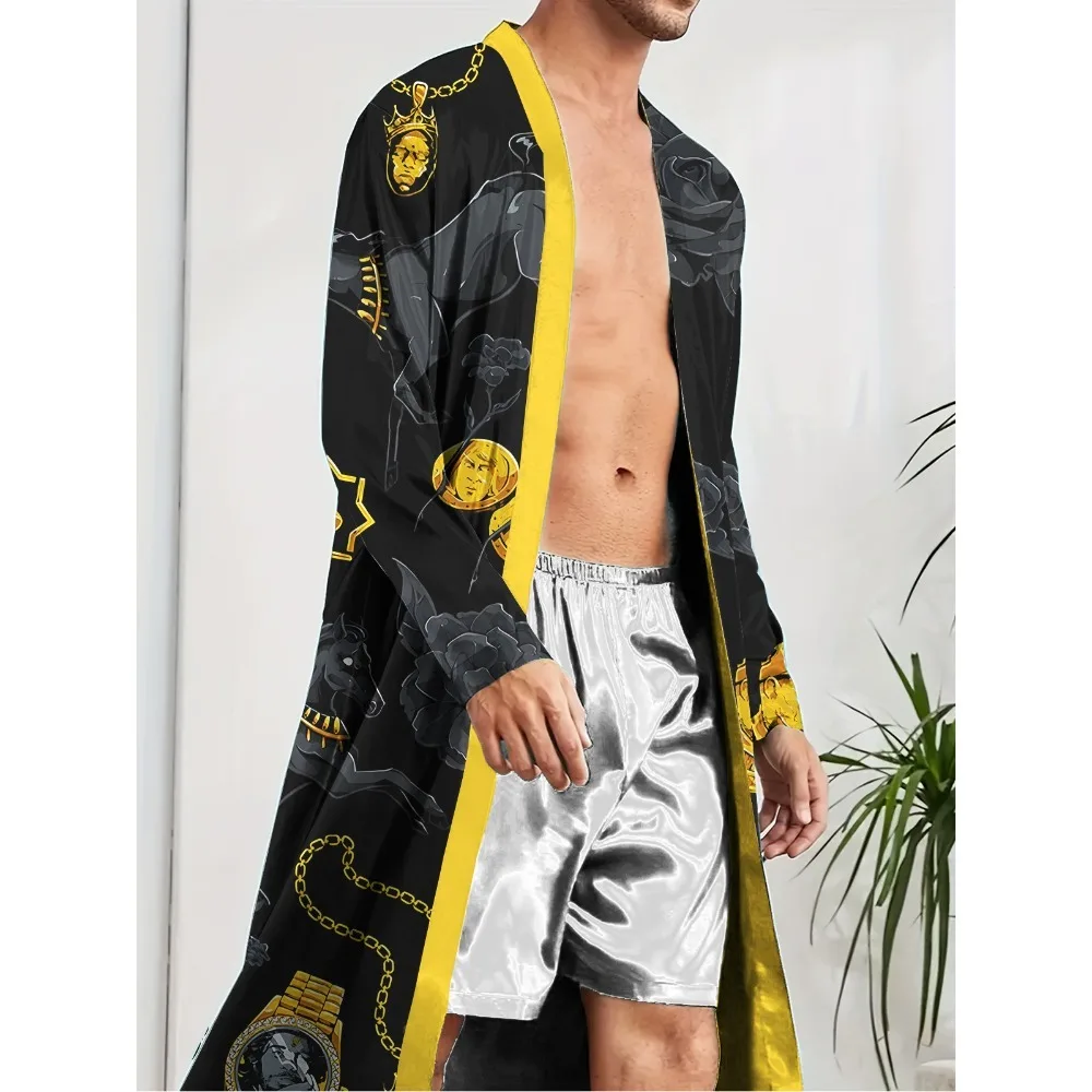 

Мужской длинный халат, быстросохнущая весенне-осенняя домашняя трендовая ночная рубашка с цифровым принтом для отдыха и развлечений.