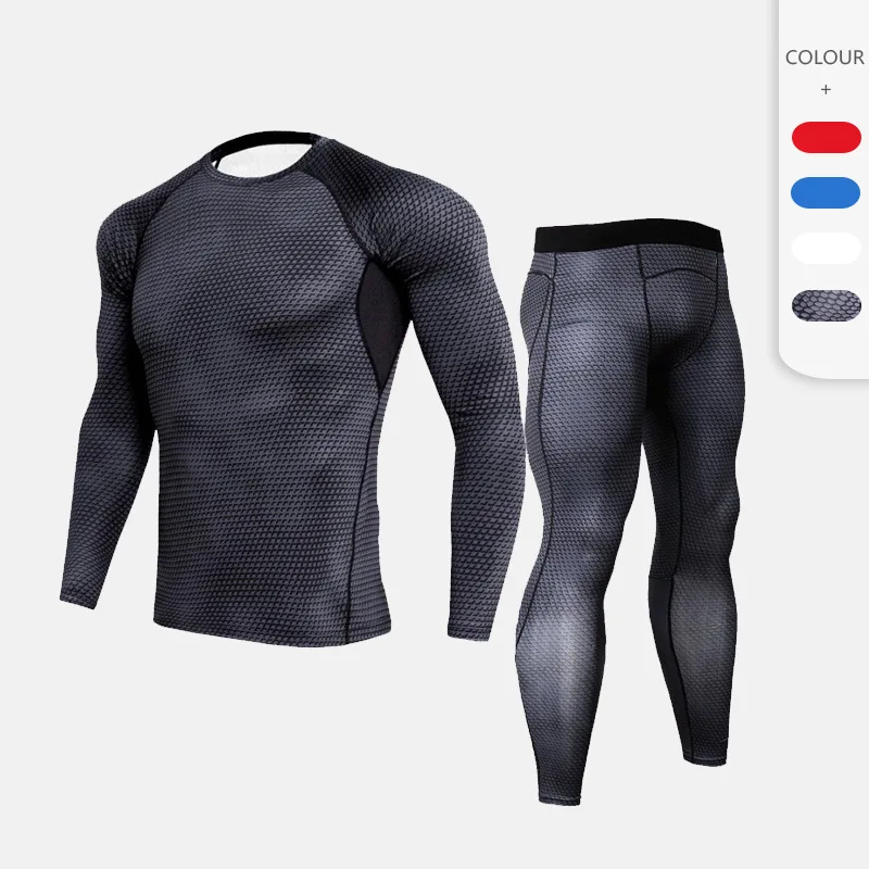 Winter Mens Breathable Athletic 2 Piece Set Gym Workout Running Sportswear Skiing Long Sleeve Compression Shirt Pants Sweatpants
