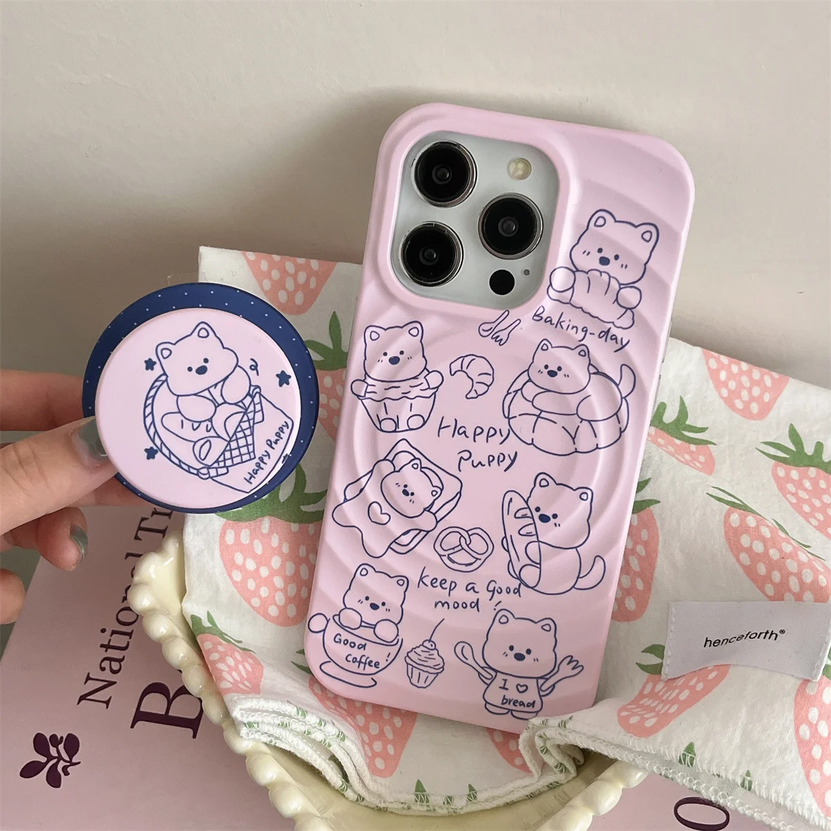 

Wavy shell pink line bear stand Phone Case For iPhone 16 15 14 13 Pro Max fundas iphone 15 case Protective cover 13 15 16 pro ma