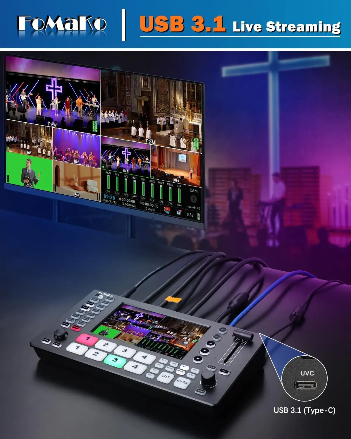 كاميرا FoMaKo NDI PTZ، زووم بصري 30X، جهاز تتبع تلقائي AI Gen 3، جهاز مزج فيديو للبث المباشر للوسائط وتقارير الأخبار (KN30AX3+M3)