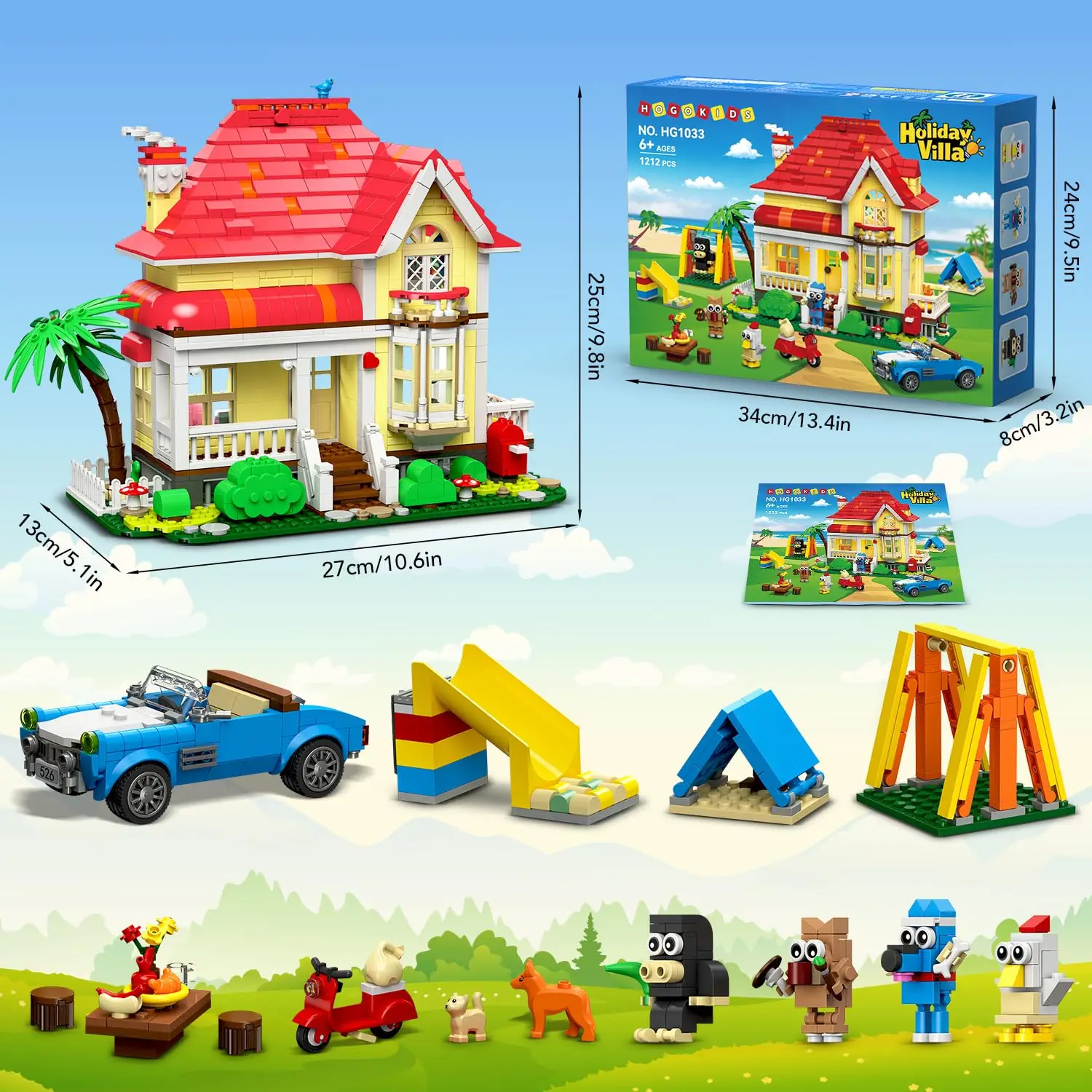 HOGOKIDS Girls House Building Set with LED–Fairy-Tale Villa Block Toy with Car Slide Swing & 4 Cute Animals Kit Gift for Kids6+