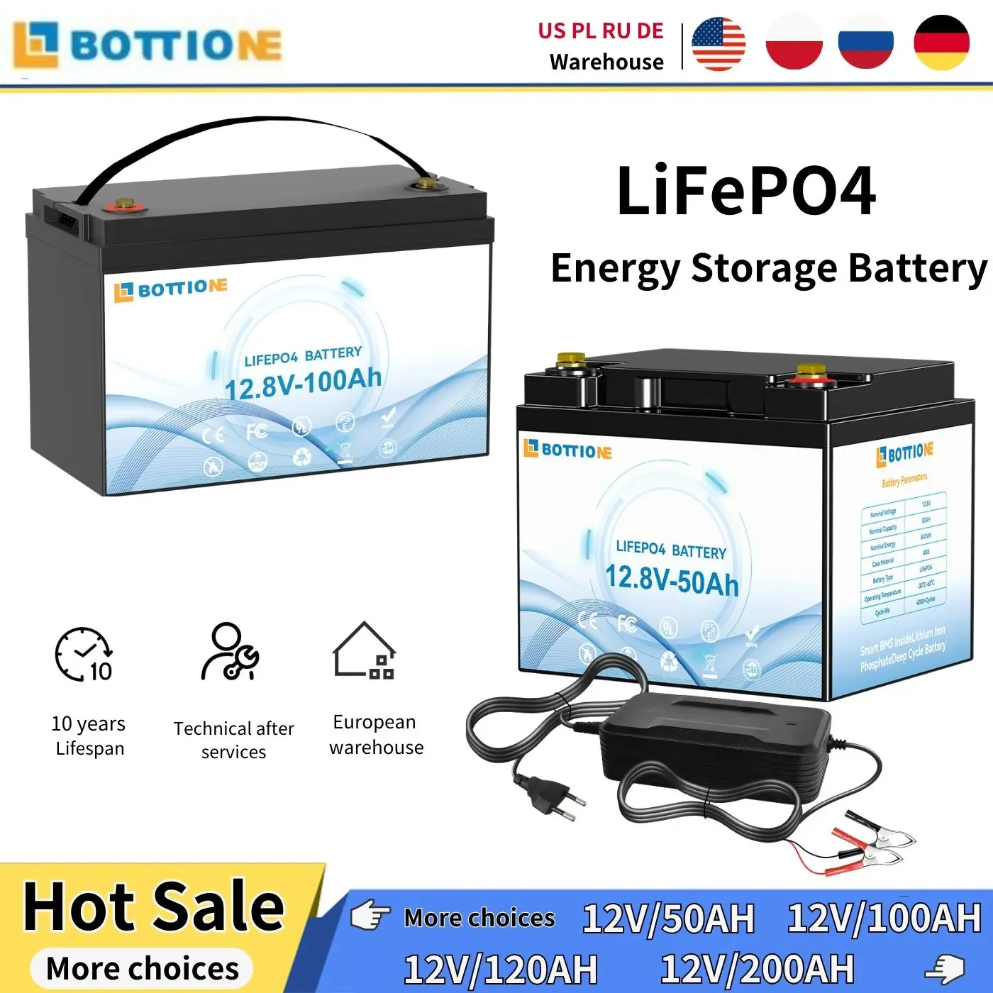 EU/US/JP 12.8V 50Ah 100Ah 120Ah 180Ah 200Ah LiFePO4 Battery For Campers Golf Cart Battery Off-Road Off-grid Solar Energy Battery