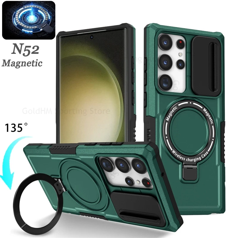 

Rugged PC Heavy Duty Armor Case For Samsung S25 Edge S24 Ultra Slide Lens Magnetic Stand Cover For Galaxy S25 Ultra S23 S24 Plus