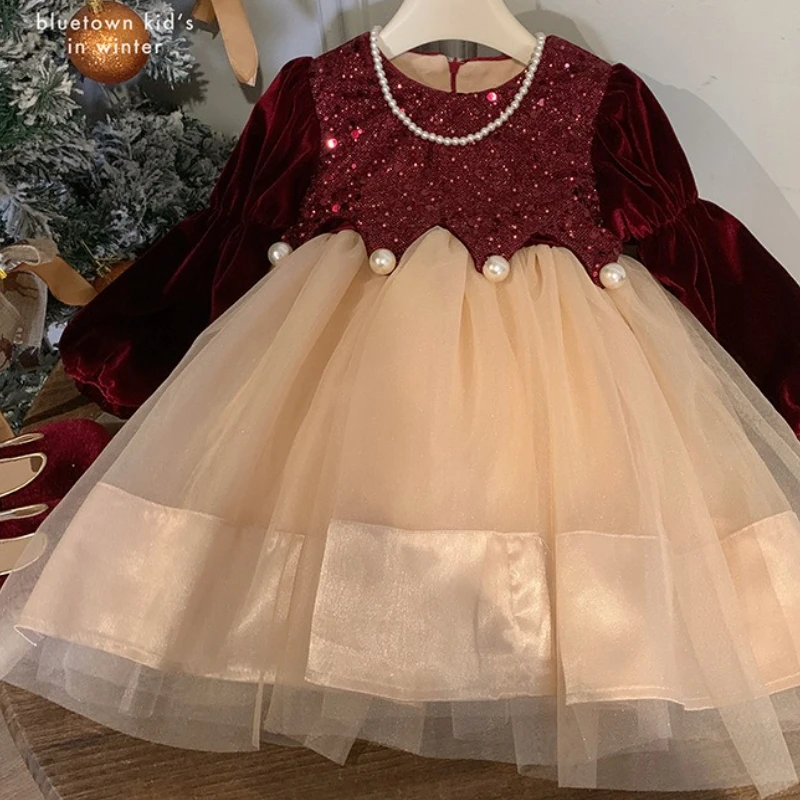 Girls' Velvet Dress, Children's 2025 New Stylish Winter Princess Beautiful Baby's One Year Old Red Dress