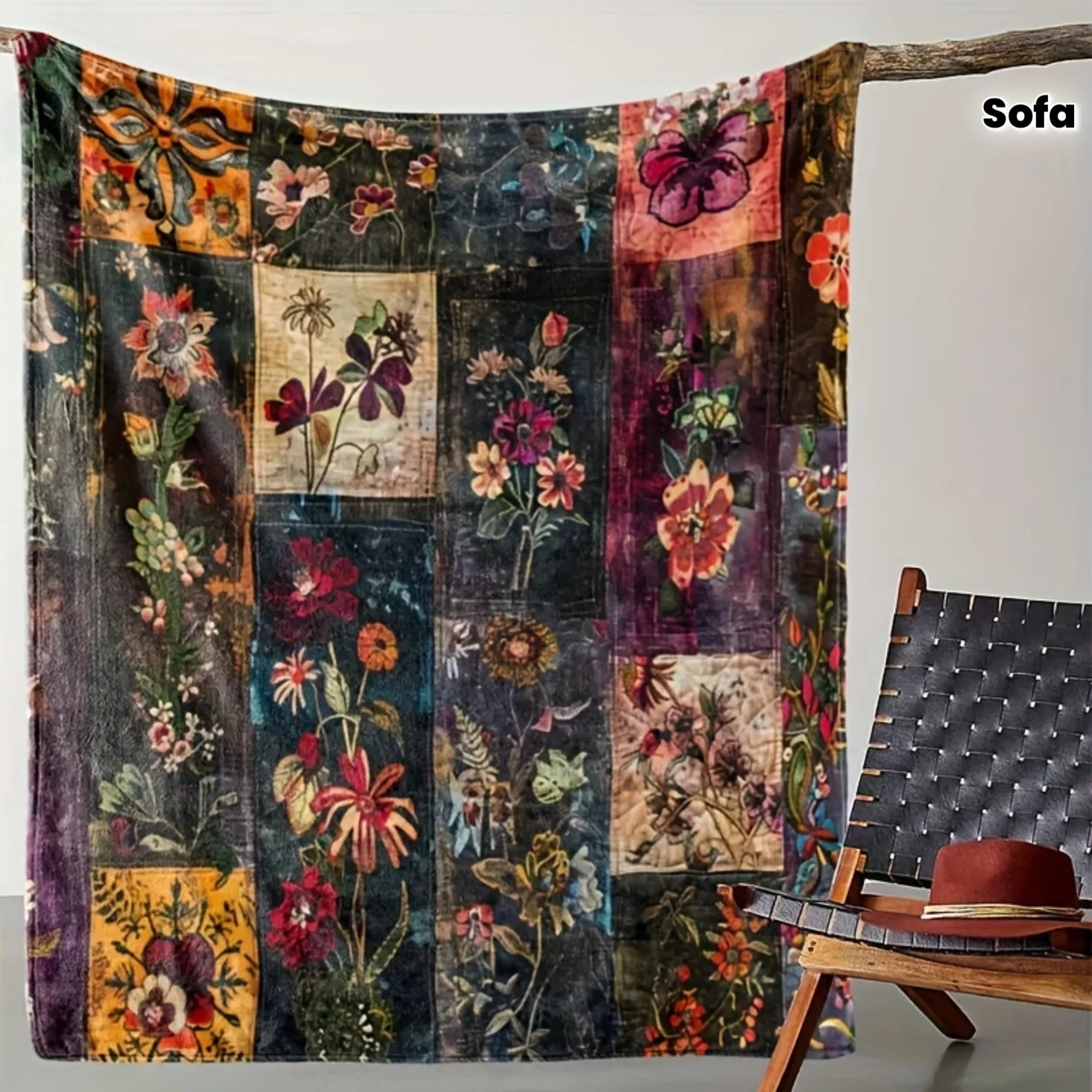 VIKAMA Wandteppich mit Vintage-Blumenmuster, Patchwork, künstlerisch, Bohemian-Samt, für Wohnzimmer, Sofa, Akzent, Wanddekoration
