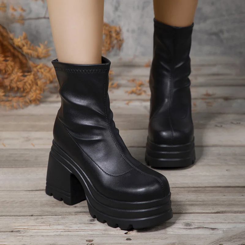 Women New Fashion Short Boots Women Sexy Leather Boot Square toe casual Zipper high heels Casual thick soled women shoes Zapatos