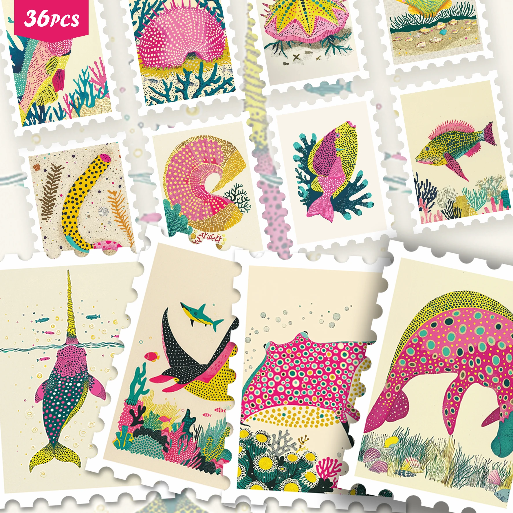 36PCS Vintage Sea Animal Sticker Set for laptops, Pointillism Fish, Crab & Shell Designs, Great for Planner Decor & Collage Art