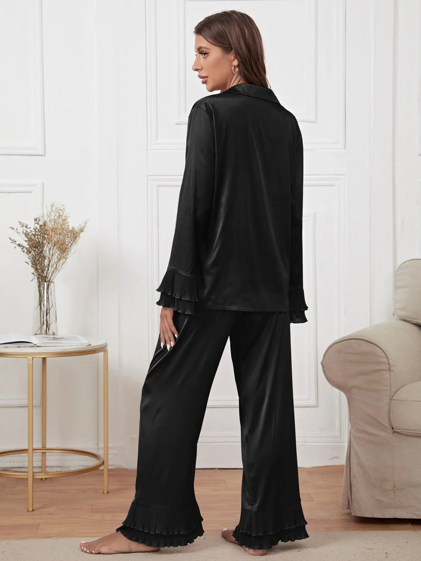 

Notch Collar Satin Pajama Set With Ruffle Hem Pants
