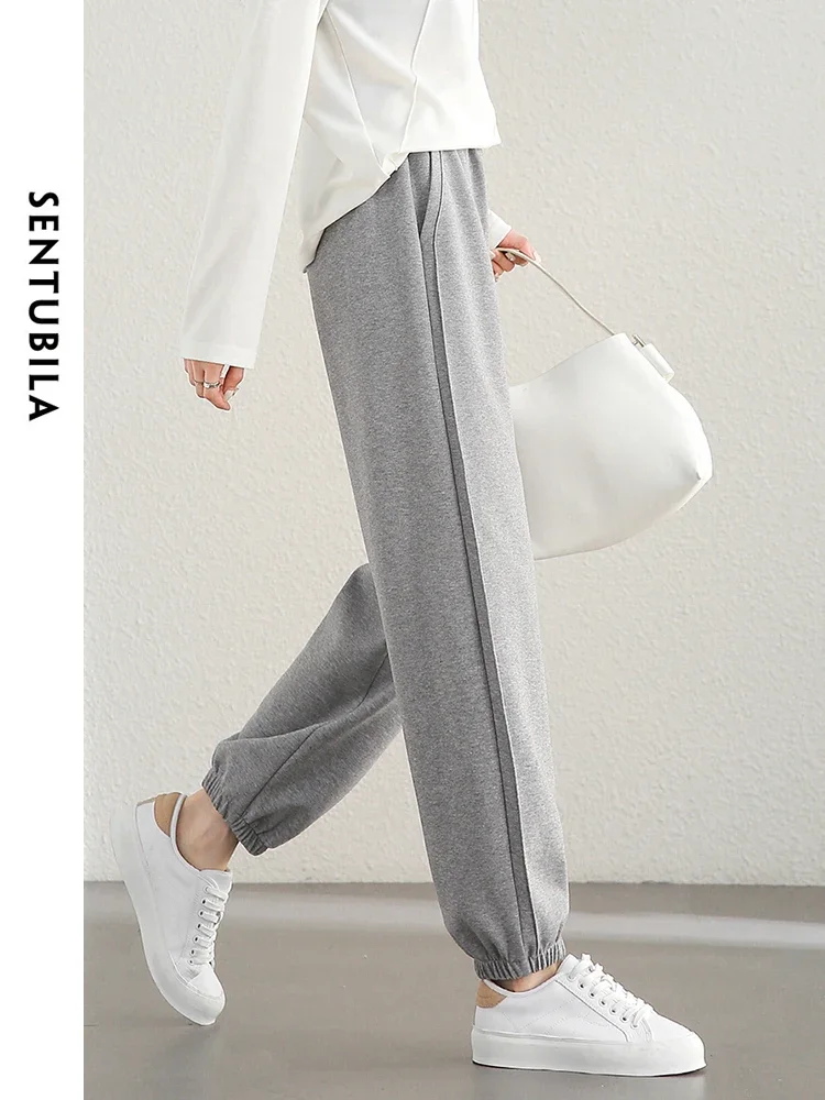 SENTUBILA High Waisted Sweatpants Women 2025 Autumn Loose Elastic Waist Knit Ankle Length Pant Cotton Woman Trousers 143K56228