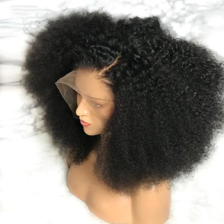 Perruque Lace Front Wig crépue bouclée noire naturelle, perruque Bob courte, cheveux de bébé, cheveux synthétiques préplumés, sans colle, 18lnch, densité 180%, douce, pour femmes