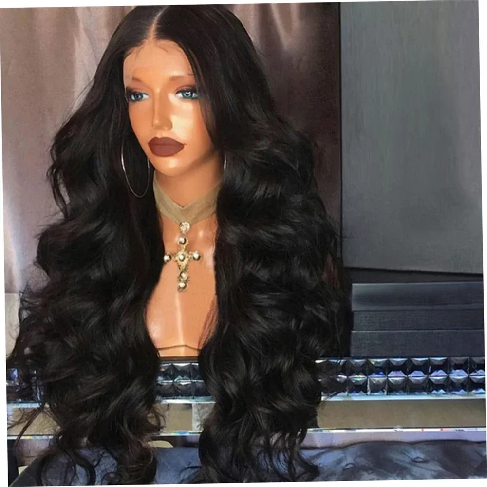 Bagian tengah tubuh gelombang 13x4 renda depan sintetis Wig panjang keriting untuk wanita 26 inci hitam alami 100% Wig tenun tangan penggunaan sehari-hari