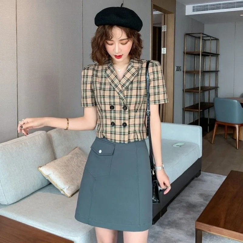 Women Clothes Summer Trend Fashion Vintage Simplicity Plaid Shirts Women's Casual All-match Temperament Short Sleeve Tops
