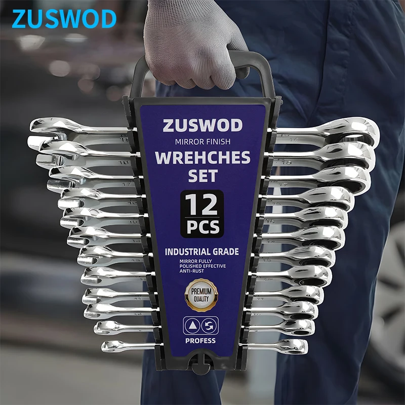 Opening Plum Blossom Dual-Use Ratchet Wrench Set, 8-19mm Metric Wrench Set, Mirror Polished Chrome Vanadium Steel Bar Storage Box Combination Wrench Set, 72 Tooth Industrial Household Maintenance, Professional DIY Car Maintenance Manual Tool Set