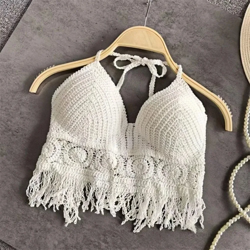 Women Boho Y2k Top Fringe Backless Halter Tie Neck Underwear Outerwear Neck Hanging Embroidery Tassel Suspender Vest Short Tank