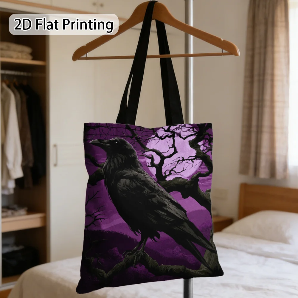1pc Gothic Raven & Branch Tote Bag with Hot Transfer Print Suitable for Shopping, Office Travel - Rectangular Shoulder Bag