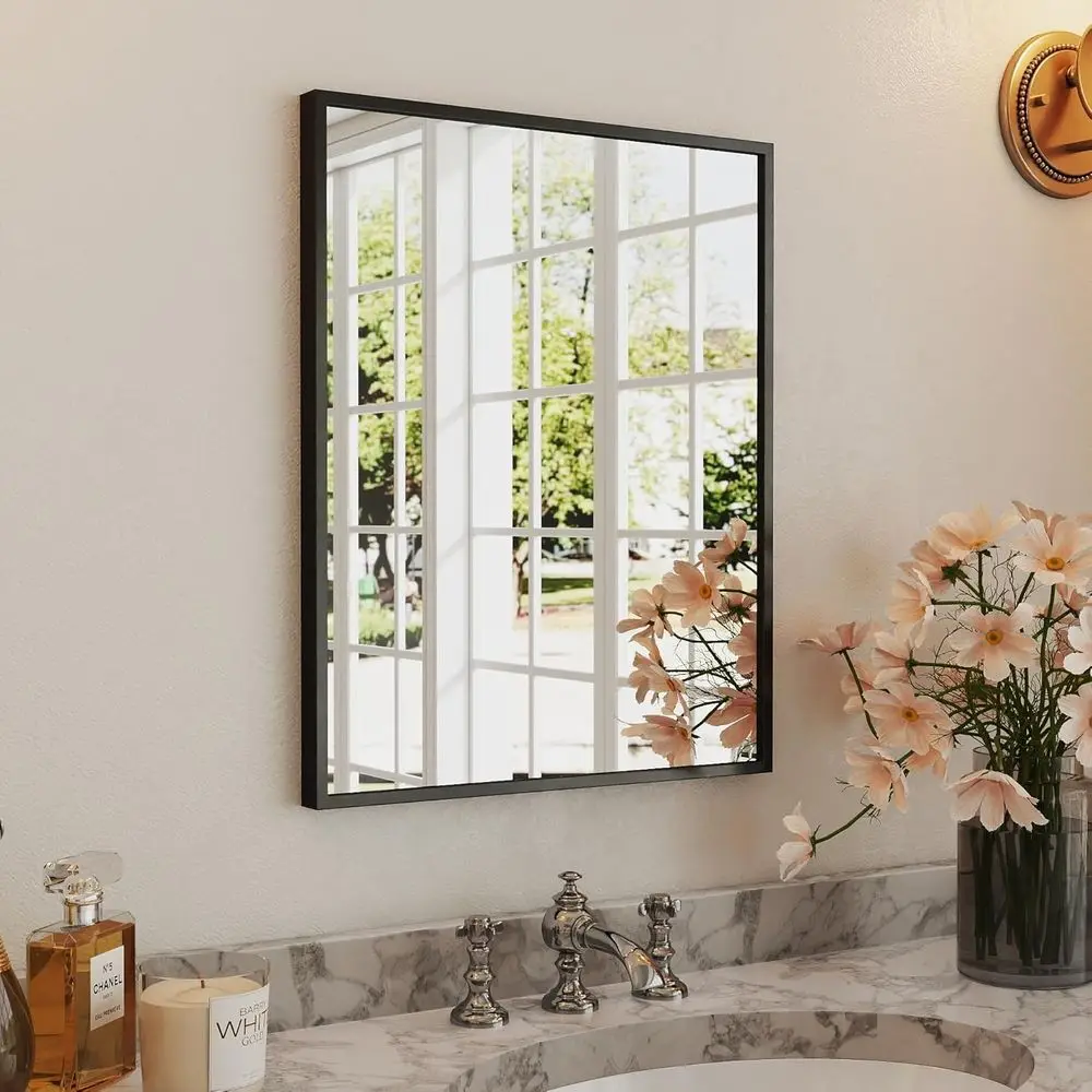 

Matte Black Metal Framed, HD Tempered Glass Vanity Mirror, Horizontal or Vertical Mount, Square Design