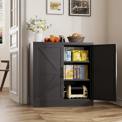 Black Storage Cabinet with Doors and Adjustable Shelves,36" Tall Farmhouse Food Pantry Cabinets,Small Sideboard image 2