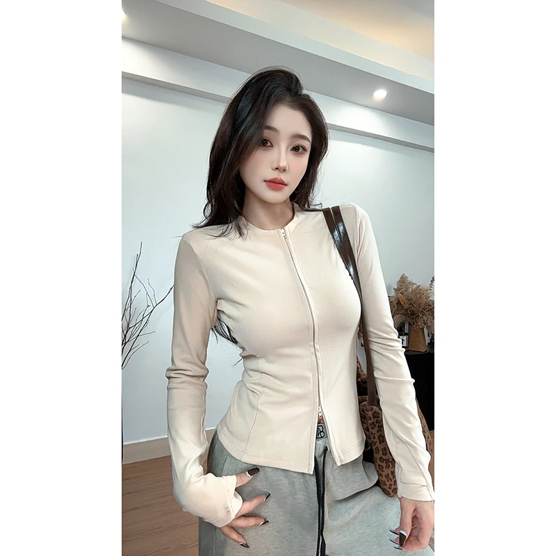 Sporty Casual Outdoor Base Shirt Double Zipper Opening Polyester Blend Warm Long Sleeve round Neck Short Coat for Women