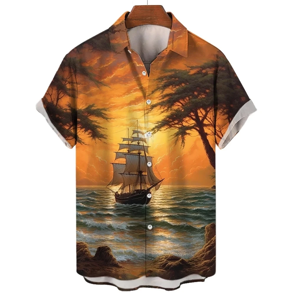 Hawaiian Navigator Sailboat Pattern Men\'s Shirt Sea 3D Printed Retro Short Sleeve Resort New Casual Beach Y2k Oversized Clothe