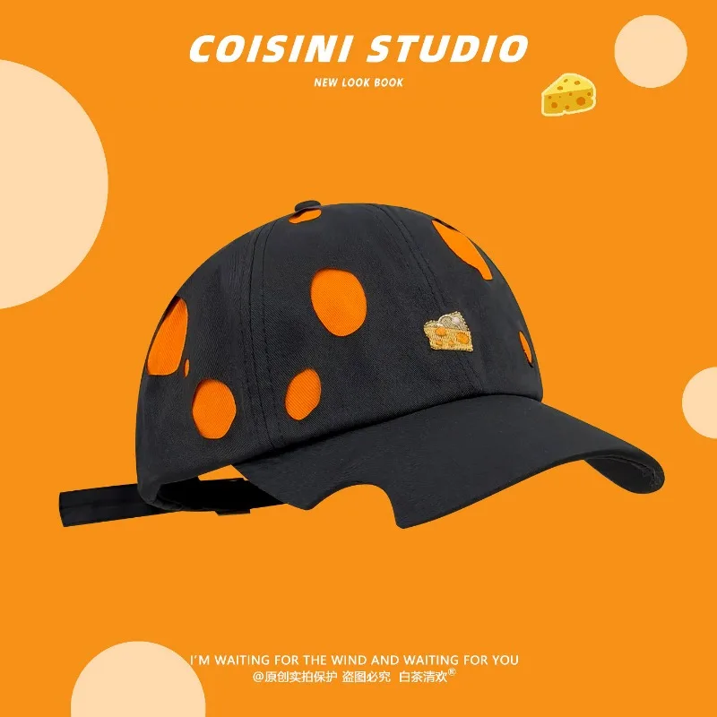 Niche Sweet Cartoon Cheese Embroidered Baseball Cap Men and Women Spring and Summer Personalized Hole Design Sunshade Peaked Hat