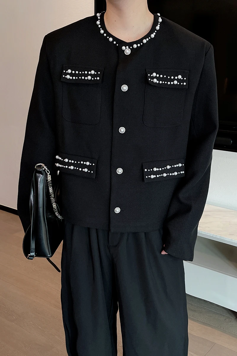 High Quality Autumn Winter Jacket Men's Embroidered Pearl Collarless Jacket Casual Social Streetwear Party Nightclub Short Coat - Image 6