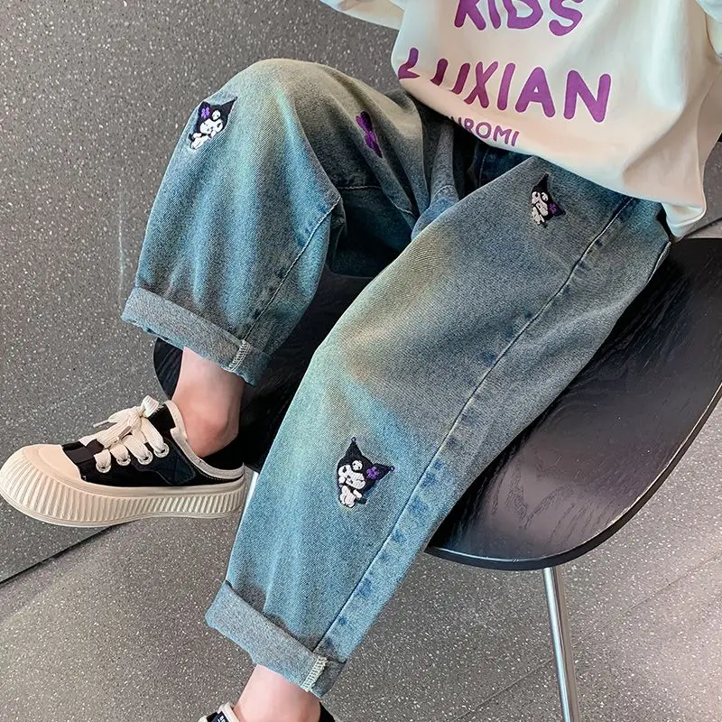 Kawaii Sanrios Jeans Cartoon Kuromi Children's Embroidered Versatile Pants Korean Cute Girls Spring Fall Elastic Waist Trousers