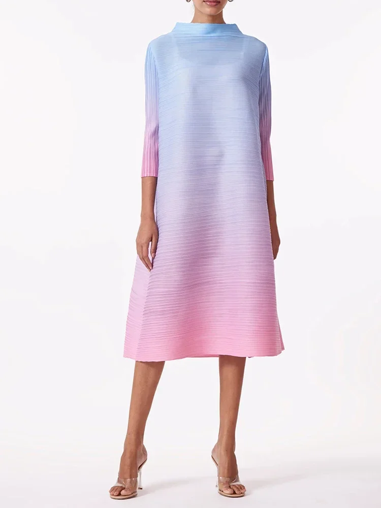 Imagem -02 - Yudx-miyake Elegante Vestido Plissado Gradiente para Mulheres Gola Alta Mangas Cheias Rosa Laranja Vestidos de Meia Panturrilha Novo 2023