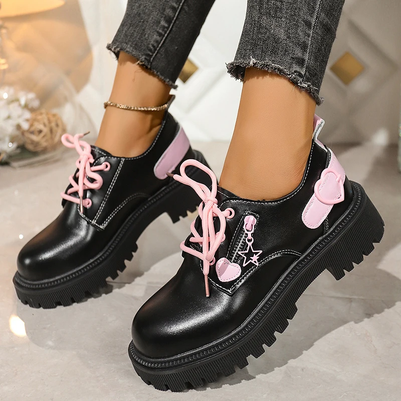 

Women Lady Pink Heart Buckles Designer Lace Up Round Toe Chunky Platform Casual Shoes Woman Mid Block Heels Walking Travel Shoes