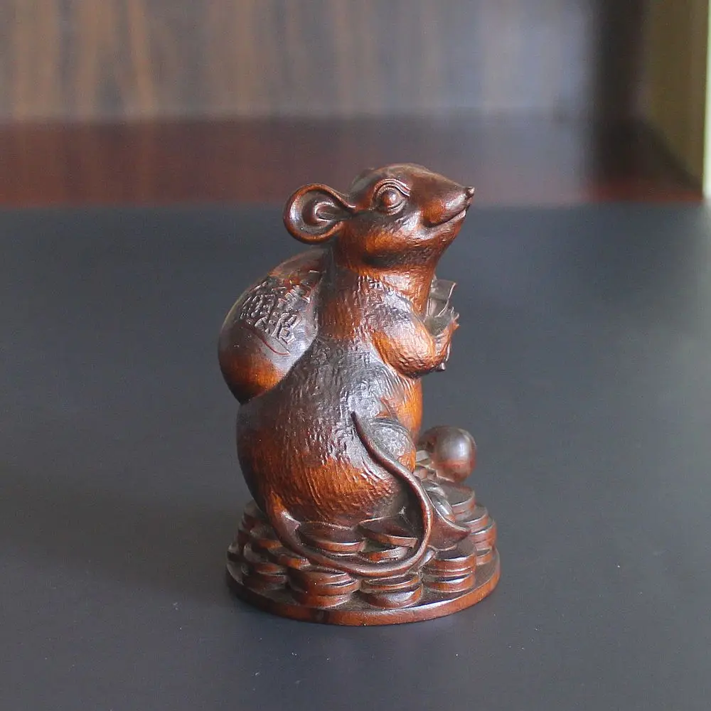 Vintage natural wooden holding a money bag mice rat mouse figurine animal statue Desktop Sculpture Ornament room home decor Gift