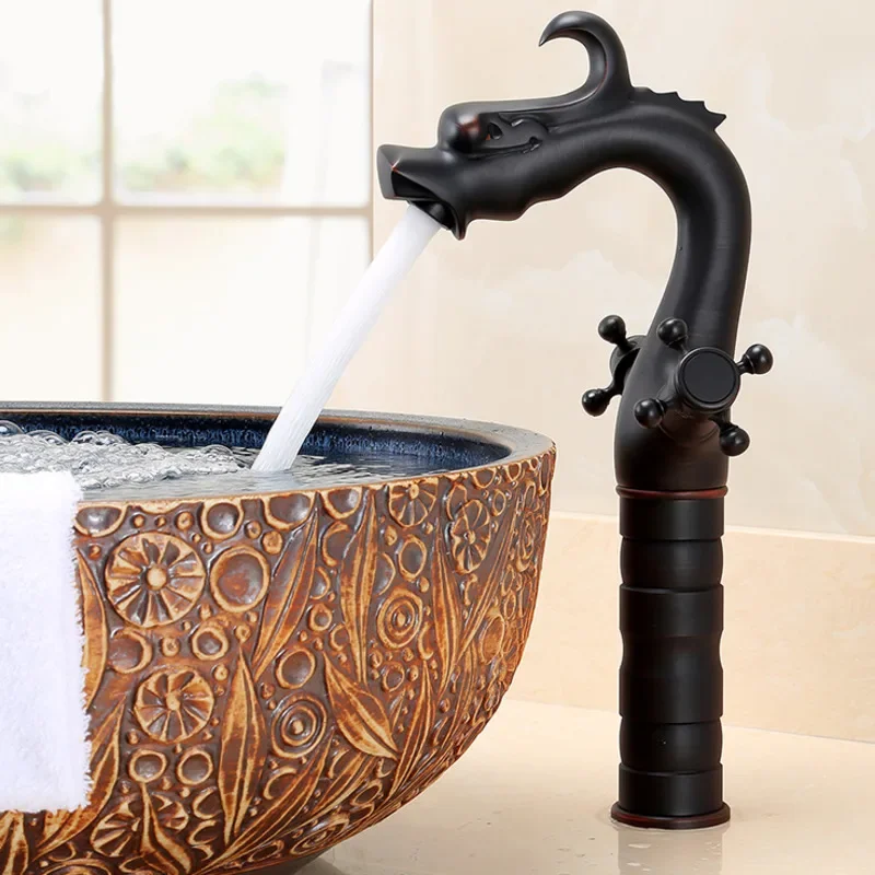 European Antique Dragon Faucet Hot And Cold Brass Tap High-Quality Construction Non-Clogging Large Flow Bathroom Mixer