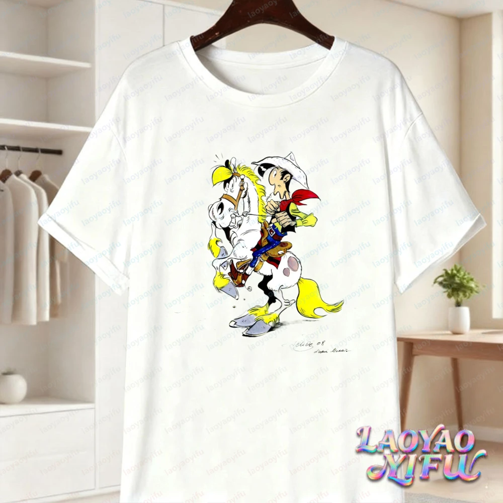 Camiseta de Algodão Nostálgica Lucky Luke, Camiseta Gráfica Clássica Lucky Luke Jolly Jumper, Venda Quente, Tops de Cowboy em Estilo Cartoon, Roupas Masculinas