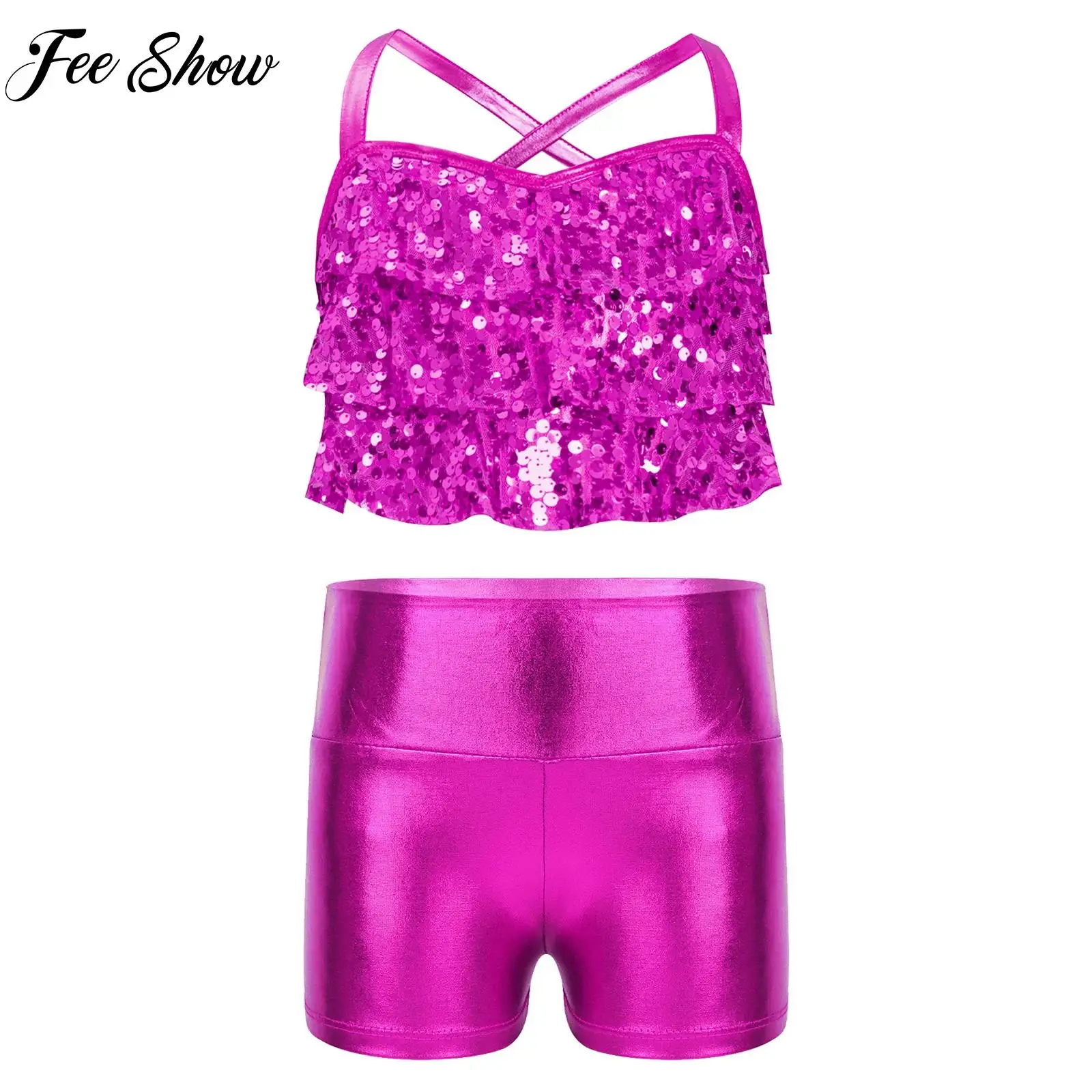 Kids Girls Dance Outfit Glittery Sequins Tiered Ruffles Crop Top Vest with Metallic Shorts Jazz Gymnastic Yoga Sport Ballet Sets
