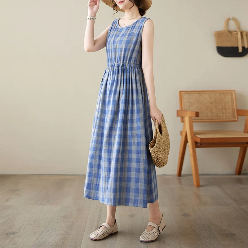 Verão svel algodão dr feminino faion redondo ne dupla camada xadrez fino a linha vestido artístico sle cintura solta