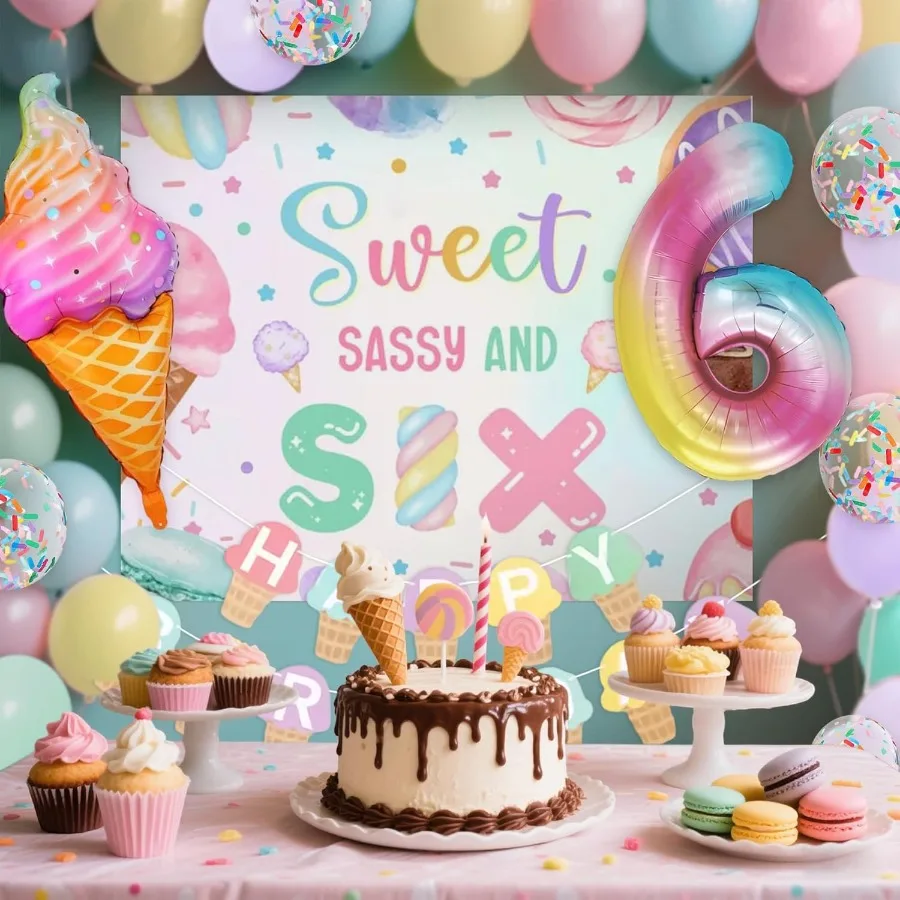 Zoete Sassy en zes verjaardagsdecoraties voor 6-jarig meisje Verjaardagsfeestje Decor Ijs Donut Achtergrond Ballonnen Macaron Bab