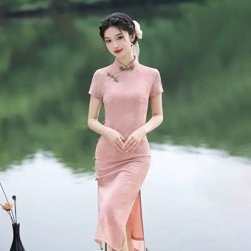 Pink Cheongsam Women 2025 New Young Style Elegant Vintage New Chinese Girl Qipao Style Summer Beautiful Dress
