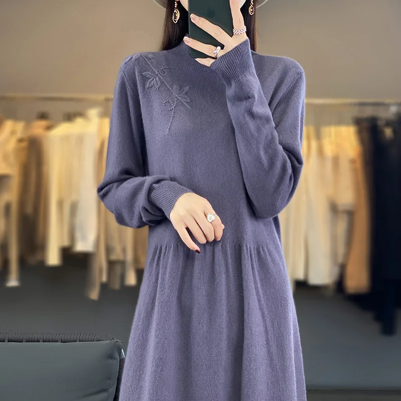 Women\'s Cashmere and Wool Knitting Dresses, Length-keen, Warm, Best Quality Female Dress, New Fashion, Winter, NJ01, 2023