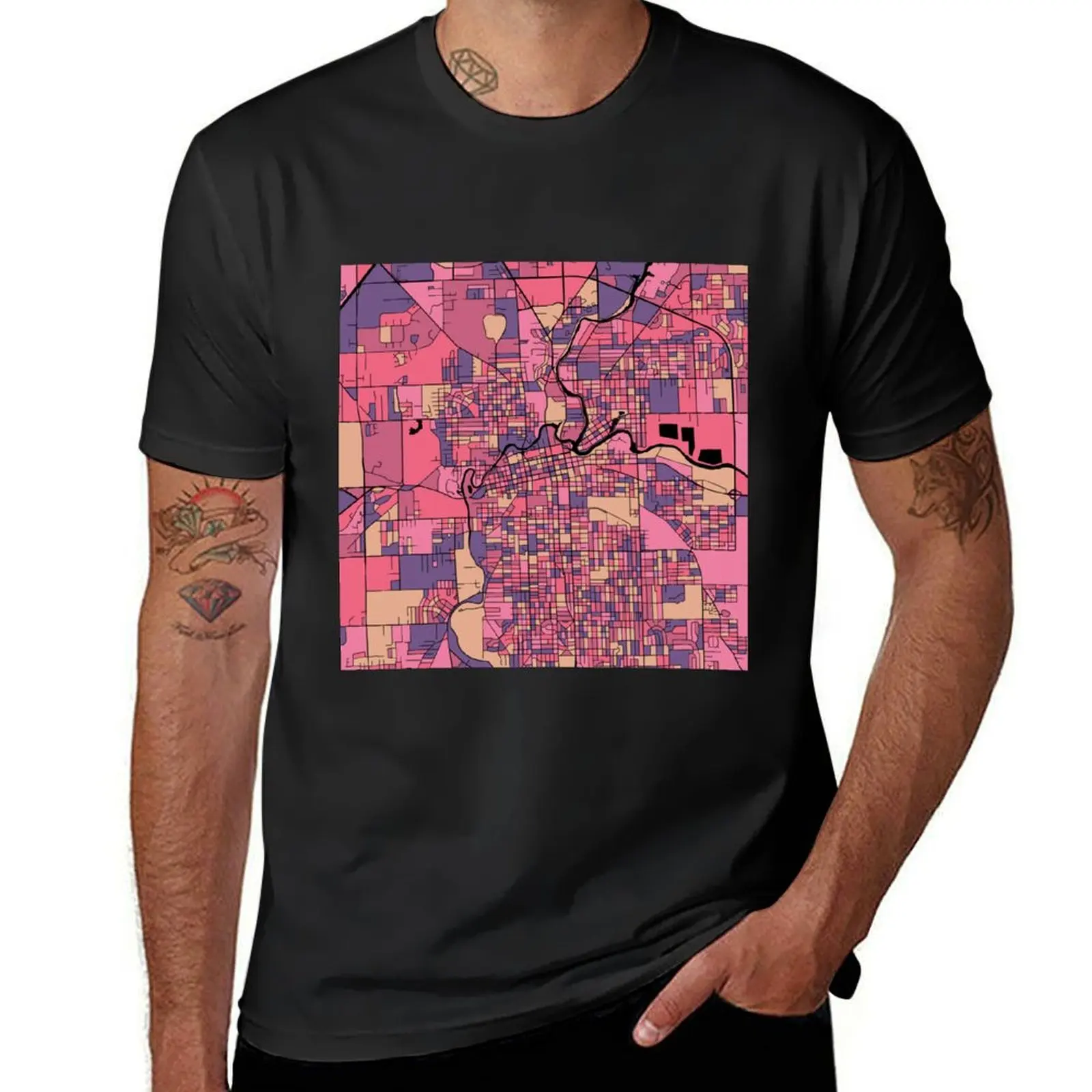 Fort Wayne Map Pattern in Purple & Pink T-Shirt summer top Short sleeve tee men clothing