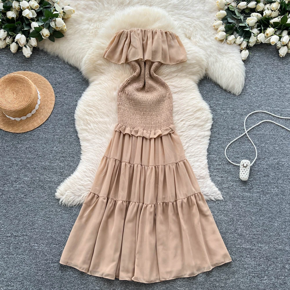 Verão elegante vestido de babados para mulheres em camadas bolo vestidos slash neck boêmio fino chiffon magro vestidos femininos novo em 2025