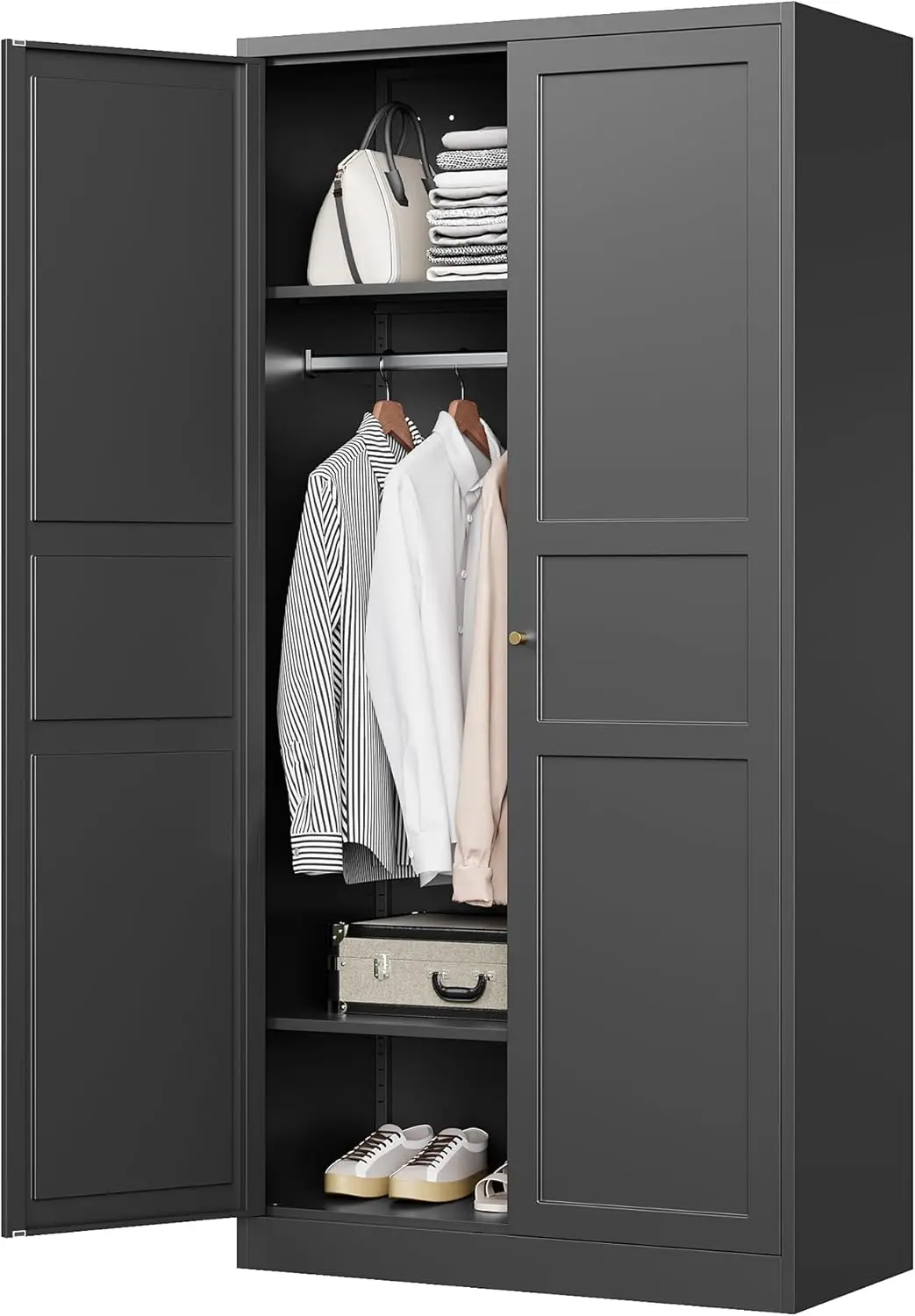 MIIIKO Wardrobe Closet with 2 Doors, 72" Metal Wardrobe Cabinet with Hanging Rod, Bedroom Armoires Laundry Room。