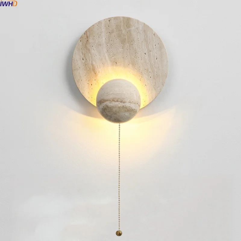 

IWHD Japan Style LED Wall Light Indoor Home Decor Pull Chain Switch Yellow Travertine Stair Bedroom Bedside Lamp Lampara Pared