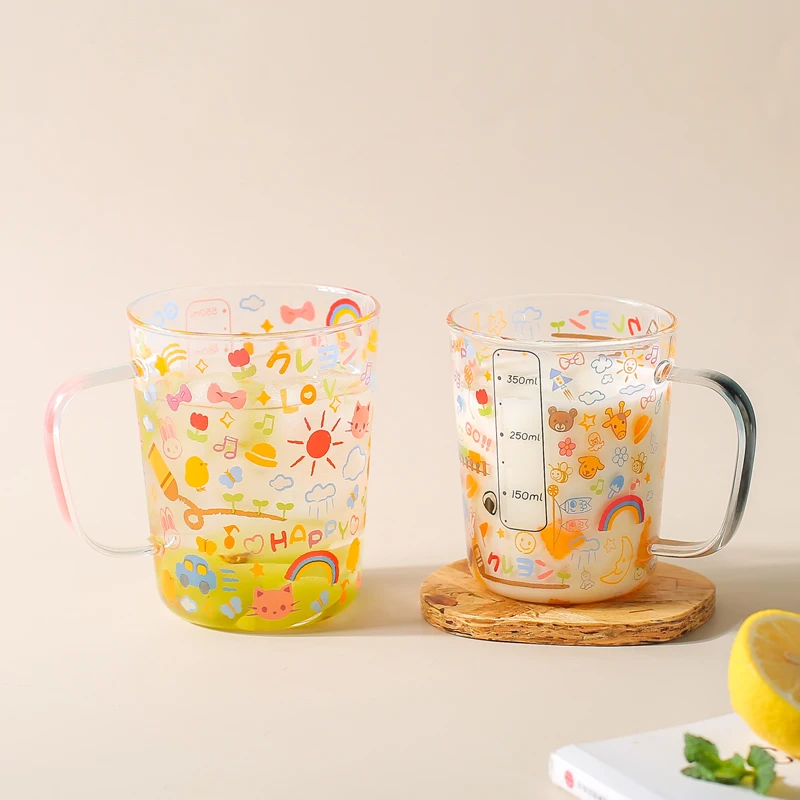 JINYOUJIA-Large Capacity Glass Mug with Scale for Breakfast, Milk, Coffee Cup, Home Kitchen, Cartoon Pattern Water Cups