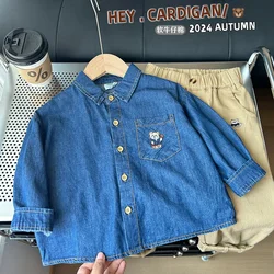 2024 Autumn Boys Cute Embroidery Bear Soft Jeans Shirt Kids Children Casual Denim Blouse Outerwear 100-150cm