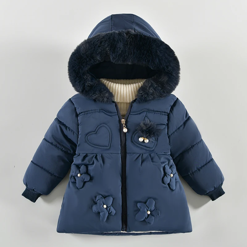 2024 New Flowers Autumn Winter Girls Jacket Fur Collar Keep Warm Hooded Zipper Baby Outerwear Coat for 2 3 4 Years Kids Clothes